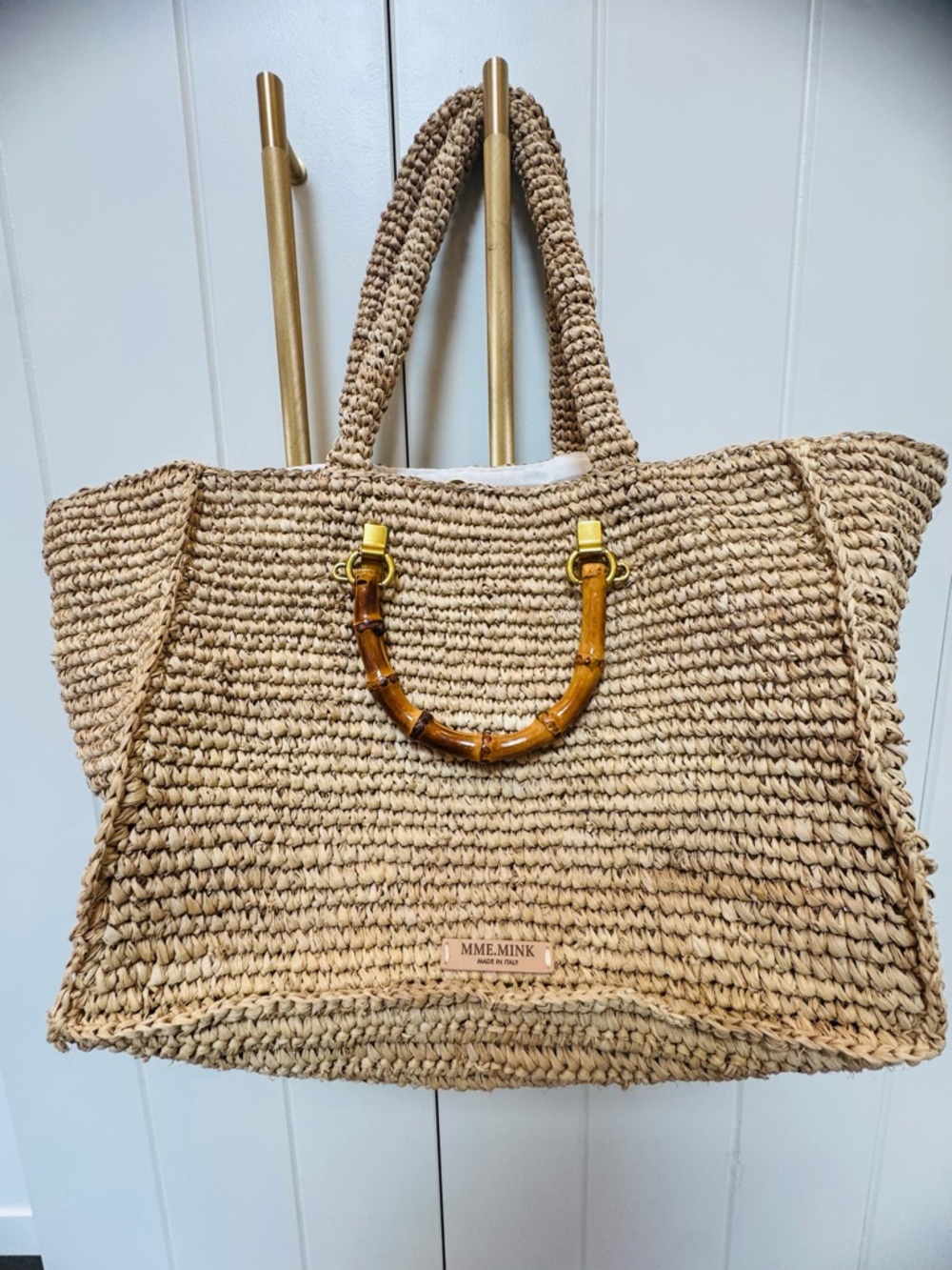 Mme Mink Astrud Tote Woven Straw Shoulder Bag with Bamboo Handle - Natural - Picture 6 of 11